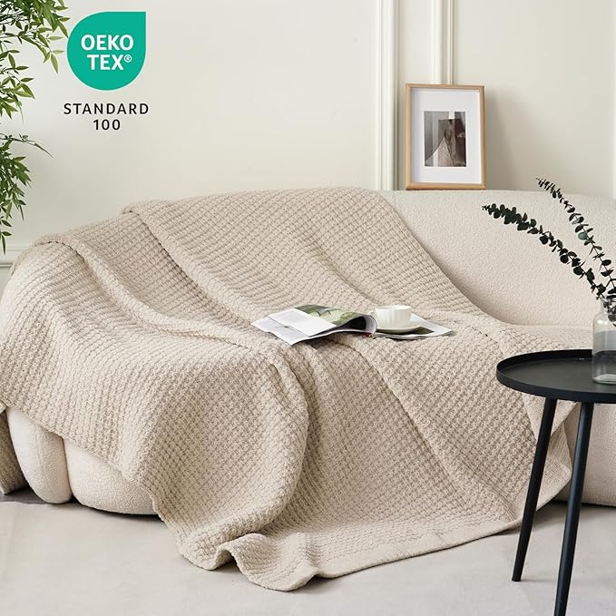 PHF Chenille Waffle Knit Blanket Twin Size- Plush Warm & Cozy 60" x 80" Ultra Soft Blanket- Chunky Fluffy Waffle Bedding for Home Decor - Natural