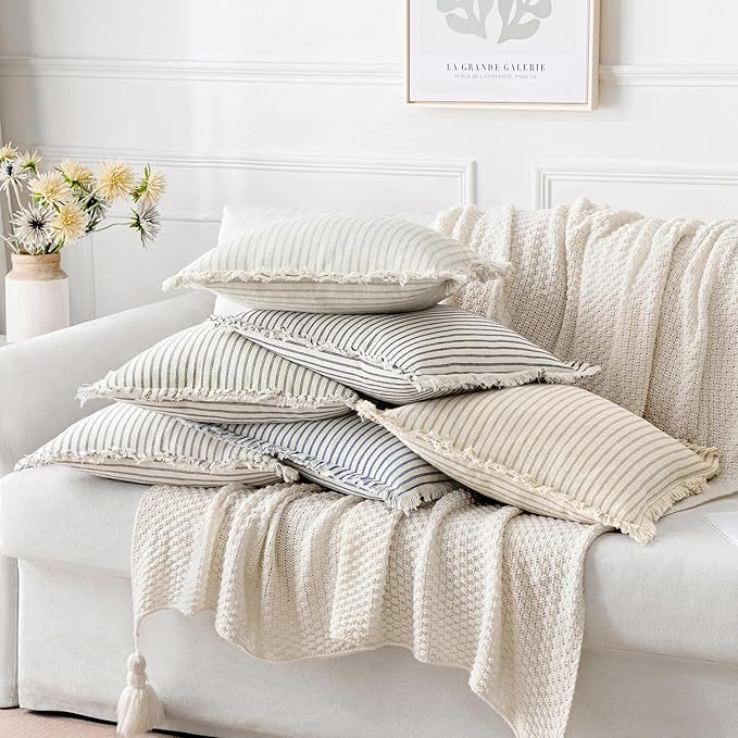 MIULEE Pack of 2 Royal Blue Pillow Covers 20x20 Inch Striped Farmhouse Couch Throw Pillow Covers with Fringe Chic Linen Decorative Cushion Covers for Sofa Living Room Bed Outdoor Home Decor