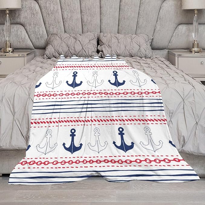 Anchor Blanket Vintage Navy Blue Red Stripe Nautical Anchor Abstract Art Printed Soft Cozy Lightweight Throw Blanket for Kids Girls Boys Women Bedroom Living Room Dorm Chair Sofa Travel 40x50in