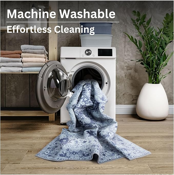 Bloom Rugs Washable Non-Slip 3' x 5' Rug - Gray/Blue Traditional Medallion Area Rug for Living Room, Bedroom, Dining Room, and Kitchen - Exact Size: 3' x 5'