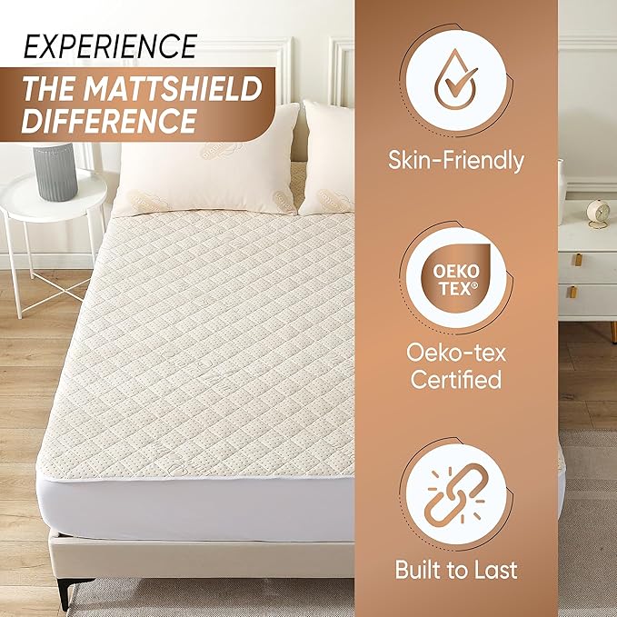 Luxury Quilted Organic Cotton Mattress Protector Queen - Premium 380 GSM Waterproof & Breathable Pad - Deep Pocket Fitted Cover - Soft & Silent Protection