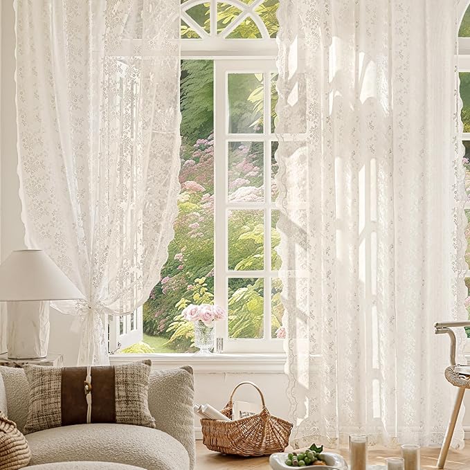 Anmao Vintage Lace Curtains 72 Inches Long 2 Panels Set, Romantic Elegant Light Filtering Semi Sheer Floral Thick Lacy Curtain Drapes for Living Room and Bedroom, Each Panel 55W x 72L, Beige Plum