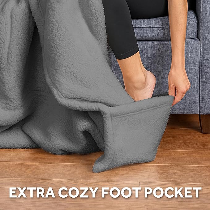 Sunbeam Royal Sherpa Foot Pocket Heated Throw Electric Blanket, 50" x 60", 4 Heat Settings, 4-Hour Auto Shut-Off, Warming Throw for Couch or Bed, Fast Heating, Machine Washable, Grey