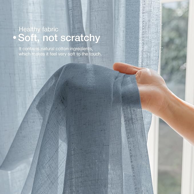 Anmao Natural Linen Curtains for Living Room 108 Inch Length 2 Panels Set, Light Filtering Semi Sheer Window Curtain Drapes for Bedroom with Curtain Rings and Clips, 52 Inch Wide Each Panel, Haze Blue
