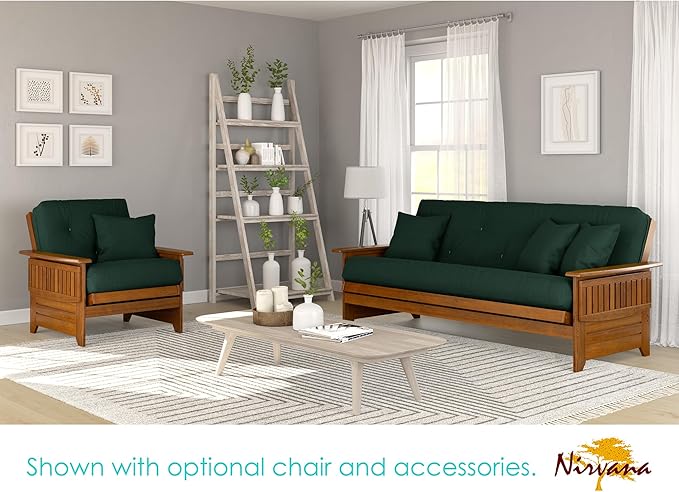 Nirvana Futons Brentwood Tray Arm Futon Sofabed Set - Queen Frame, 8" Hunter Green Mattress, Rich Heritage Finish