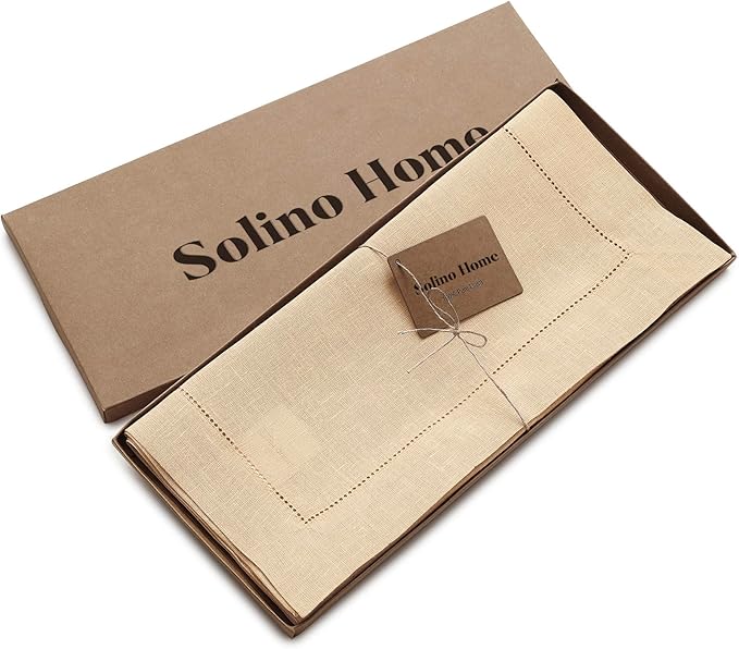 Solino Home Linen Table Runner 36 Inches - 100% Pure Linen Beige Hemstitch Table Runner 14 x 36 Inch Ideal for Dresser and Coffee Tables - Christmas, New Year - Classic Hemstitch
