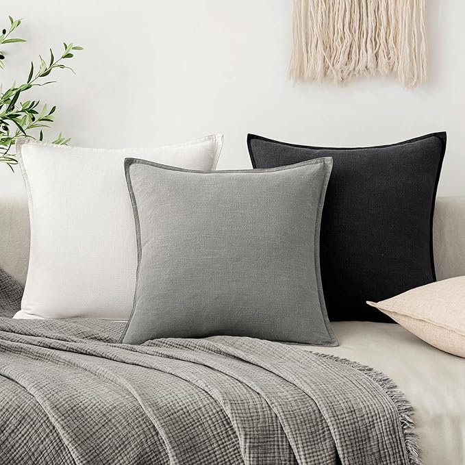 EMEMA Decorative Linen Throw Pillow Covers 26x26 Inch Cream Boho Farmhouse Neutral Couch Throw Pillows for Bed Pack of 2 Accent Pillowcase Modern Sofa Cushion Livingroom Home