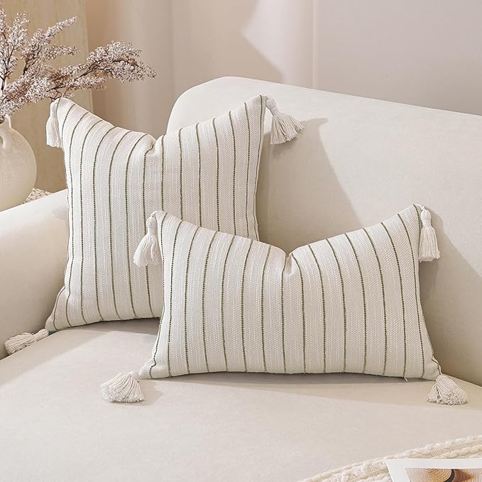 Boho Throw Pillow Covers 20x20 Inch Set of 2, Textured Linen Striped Square Pillow Covers with Tassels, Soft & Cozy Farmhouse Décor Pillow Cases for Sofa Couch Bed Living Room Thanksgiving, Green