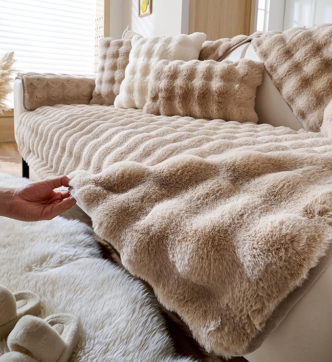 Faux Fur Couch Cover Fuzzy Soft Plush Thick Bubble Sofa Cover Luxury Sectional Couch Covers Luxury Anti-Slip Sofa Slipcover Washable Furniture Protector (Khaki,36"x47")