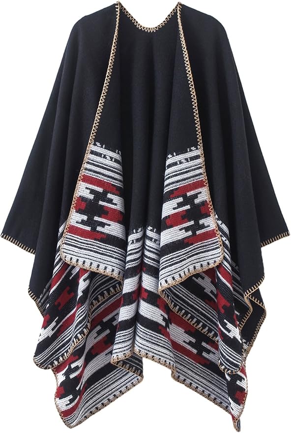 Women's Vintage Pattern Open Front Poncho Cape Shawl Winter Shawl Wraps