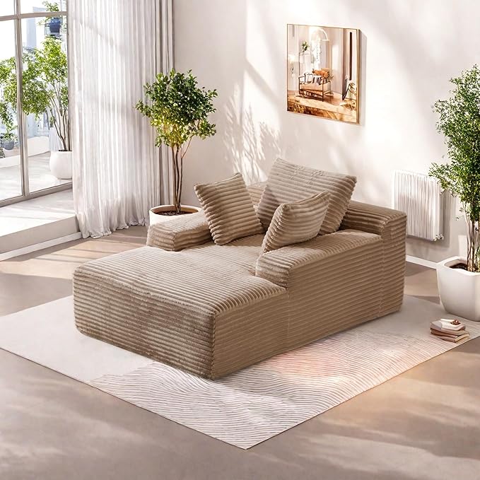 Chaise Lounge Chair Indoor, Oversized Comfy Fluffy Cloud Couch with Throw Pillows & Deep Seat, Modern Lounge Sleeper Couch with Armrests, Upholstered Sofa Bed Chair for Living Room, Beige