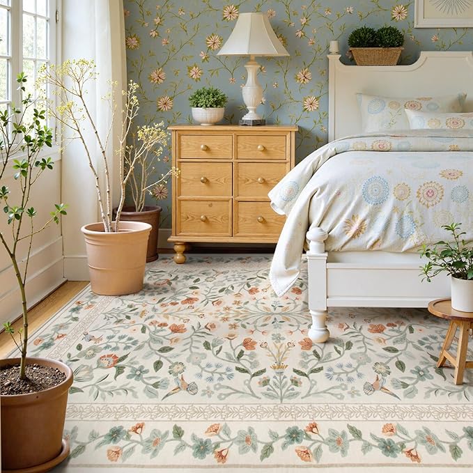 Lahome Floral Area Rug 5x7, Washable Soft Kids Room Nursery Rug Non Slip Ultra-Thin Carpet for Bedroom, Vintage Botanical Print Carpet for Playroom Classroom Living Room, Beige