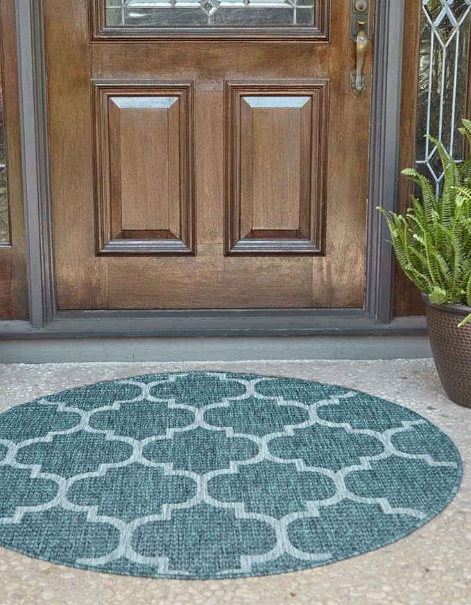 Unique Loom Outdoor Trellis Collection Area Rug (12' Round Teal/Gray)