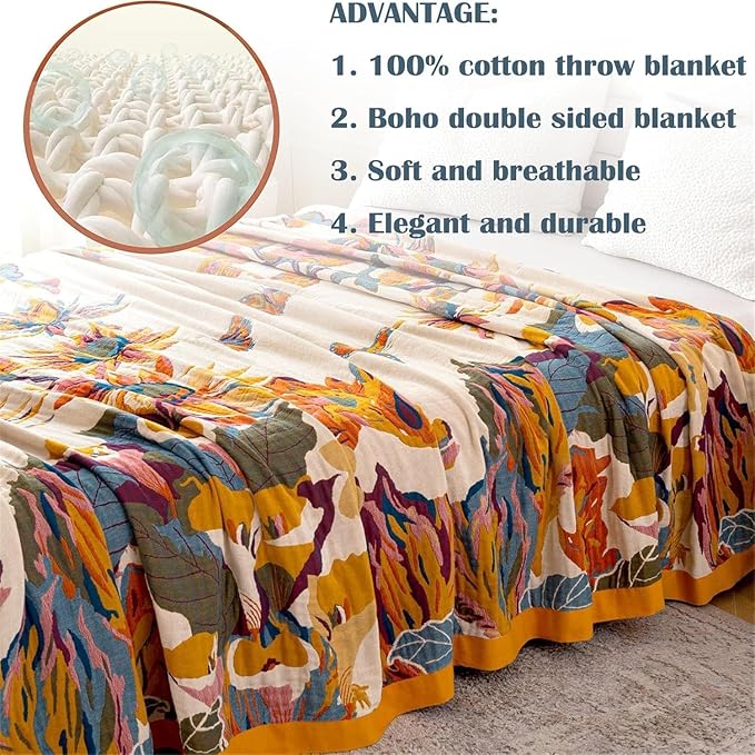 MSGKV Boho Throw Blanket for Couch and Sofa Cotton Cover for Living Room Floral Throw Cozy Blankets (D-Flower and Butterfly, 50" x 60"(Throw))