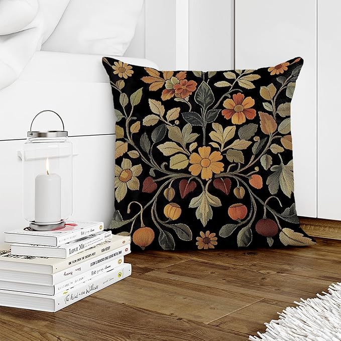 William Morris Abstract Vintage Print Floral Velvet Design Throw Pillow Covers Home Decor, Retro Art Deco Pillowcase Cushion Cover for Bed Sofa Living Room, Square 18x18inch (Black-Floral2)