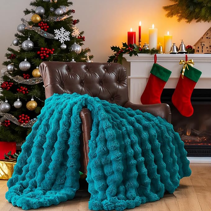 Lotus Karen Faux Fur Throw Blanket Teal - Big Bubble Rabbit Fluff Blanket for Couch Bed Sofa,Softest Fluffy Fuzzy Cozy Blanket,Thick Furry Plush Shaggy Warm Blankets for Women,90x90 Inches