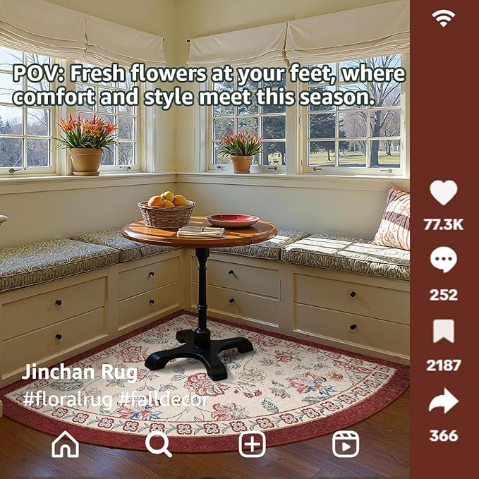 jinchan Elora Floral Corner Rug for Living Room Washable Rug Vintage Romance Christmas Design Non Slip Quarter Circle Lightweight Low-Pile Throw Carpet for Reading Playroom, 7ft Radius, Red/Beige