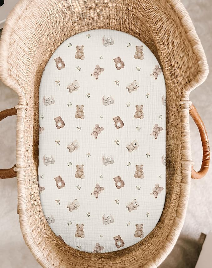 Bassinet Sheet for Baby Boy and Girl 2 Pack, Fitted Sheets for Rectangle, Oval, Hourglass Bassinet Mattress, Muslin Moses Basket Sheets with Neutral Style (Teddy & Friends)