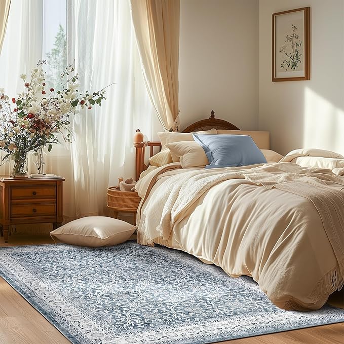 jinchan Floral 5x7 Area Rugs for Bedroom - Machine Washable Vintage Distressed Boho Design Throw Rug Stain Resistant Carpet Low-Pile Thin Non-Slip for Nursery Living Room Dining Room (5‘x7', Grey)