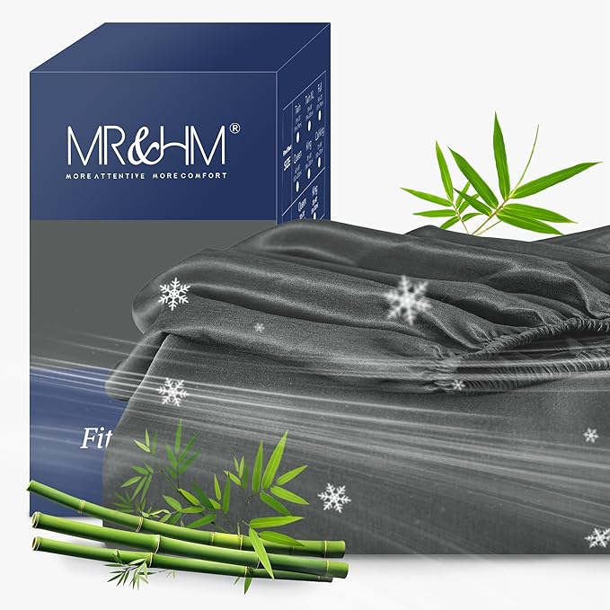 MR&HM King Fitted Sheet Only, Ultra-Soft Rayon Derived from Bamboo & Polyester Blend, Silky & Breathable, 15" Deep Pocket with Elastic Straps, Cooling Fitted Sheet for Hot Sleepers, Dark Grey