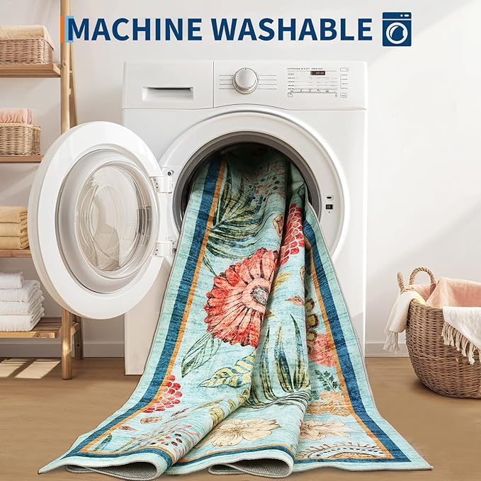 GarveeHome 10x14 Floral Washable Area Rug: Large Living Room Area Rug with Non-Slip Backing Washable Ultra Soft Bedroom Floral Carpet Indoor Stain Resistant Carpet for Dining Room 10*14 ft Light Blue