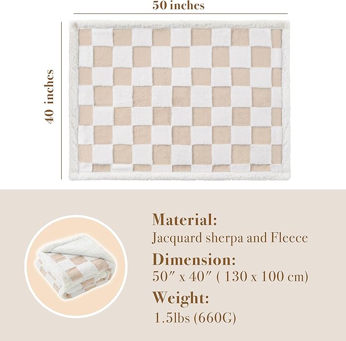 Checkered Dog Blanket, Beige Khaki Jacquard Sherpa Blankets for Small Dog and Cats, Cute Aesthetic Style Fluffy Fleece Pets Blanket for Couch Protection Washable, 40"x50"