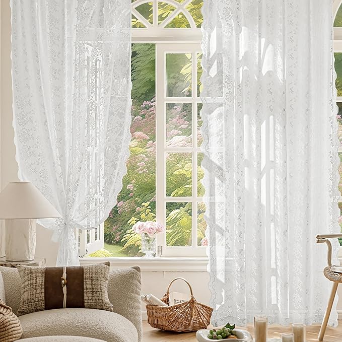 Anmao Vintage Lace Curtains 80 Inches Long 2 Panels Set, Romantic Elegant Light Filtering Semi Sheer Floral Thick Lacy Curtain Drapes for Living Room and Bedroom, Each Panel 55W x 80L, Bright White