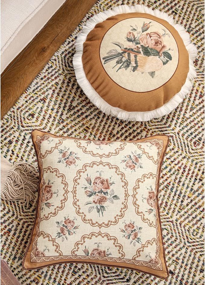 patdrea Designer Vintage Floral Throw Pillow Covers for Couch,Brown Yellow Linen Pillowcases with Bird and Rose Pattern, Decorative Square Cushion for Bed Living Room Outdoor Cafe Car,18"x18"