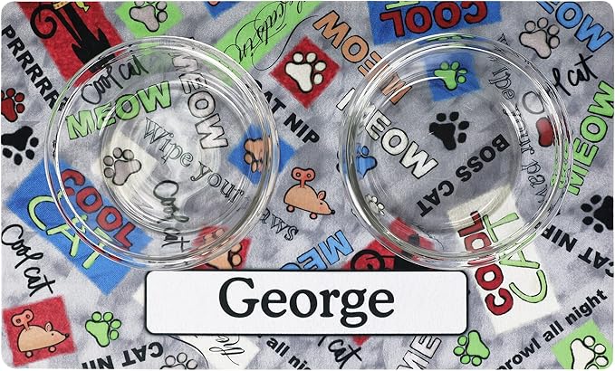 Drymate Personalized Pet Bowl Placemat, Custom Dog & Cat Food Feeding Mat - Absorbent Fabric, Waterproof Backing - Machine Washable/Durable (USA Made) (12" x 20") (Cool Cat - Grey)