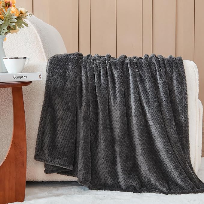 NEWCOSPLAY Super Soft Queen Blanket Dark Grey Premium Silky Flannel Fleece Leaves Pattern Lightweight Bed Blanket All Season Use (Dark Grey, Queen(90"x90"))