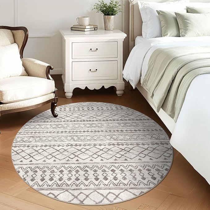 KUTA Round Washable Rug 5Ft Beige Boho Area Rugs for Living Room, Moroccan Foyer Throw Mat Non Slip, Soft Distressed Geometric Entry Circle Low-Pile Carpet for Bedroom Nursery Dorm Decor