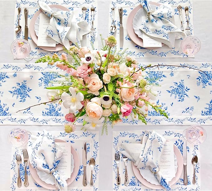 Solino Home Blue Floral Print Table Runner 120 Inches Long - 100% Pure Linen Table Runner 14 x 120 Inch - Handcrafted and Machine Washable - Jolie Fleur Print