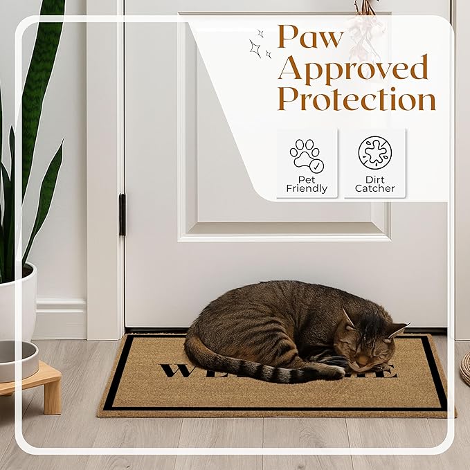 Coir Door Mats 17" X 30", Non-Slip Sturdy, PVC Backed Heavy Duty, Easy to Clean, Ideal for Door Entrance, Patio, Porch, Backyard, Garages, Welcome with Border
