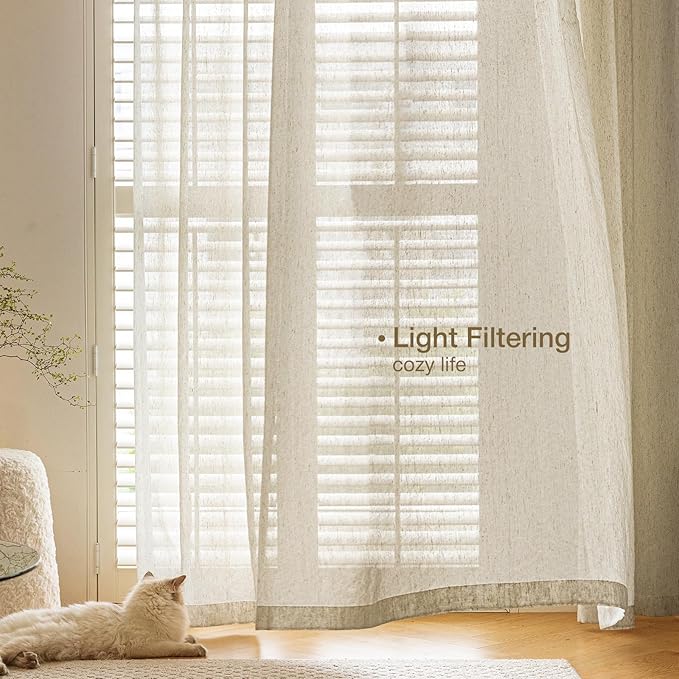 Anmao Flax Linen Curtains for Living Room 84 Inch Length 2 Panels Set, Light Filtering Sheer Window Curtain Drapes for Bedroom with Nickel Grommet, 52 Inch Wide Each Panel, Linen Color