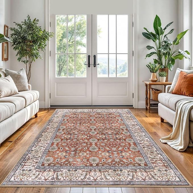 KUTA 5x7 Area Rugs, Vintage Terracotta Washable Rugs for Living Room Ultra Thin Soft Non-Slip Printed Distressed Tribal Traditional Farmhouse Carpet for Bedroom Dining Room Dorm Office Home