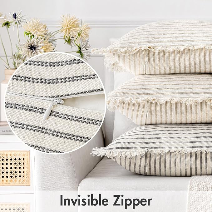 MIULEE Pack of 2 Gray Pillow Covers 22x22 Inch Striped Farmhouse Couch Throw Pillow Covers with Fringe Chic Linen Decorative Cushion Covers for Sofa Living Room Bed Outdoor Home Decor