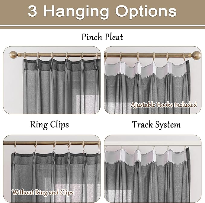 MAIHER Gray Sheer Pinch Pleat Curtains 90 Inch Length for Bedroom Soft Touch Light Filtering Lightweight Pleated Drapes with Adjustable Hooks for Living Room, Grey, 42" W x 90" L, 2 Panels