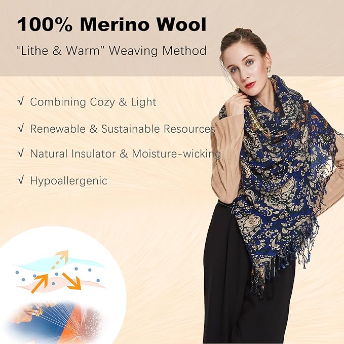 DANA XU 100% Merino Wool Pashmina Shawl for Women 96"x43", Oversized Cashmere Wrap with Tassels, Floral Travel Blanket Cape