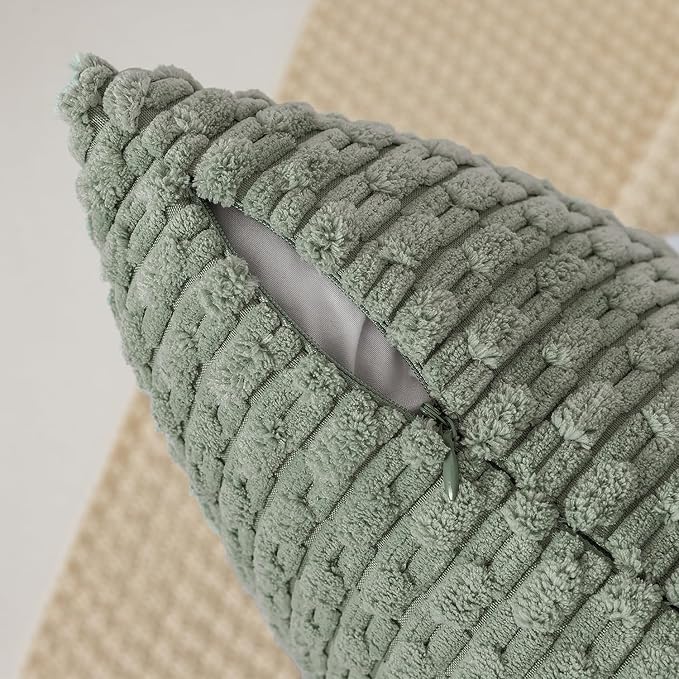 Kevin Textile 12x24 Inch Pillow Cover 1 Pack Boho Decorative Soft Striped Corduroy Lumbar Farmhouse Color Accent Rectangle Cushion Case for Living Room Couch Sofa Bed, Greyish Green