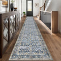 KUTA Vintage Washable Long Runner Rug, 2.6x18 Blue Grey Beige Runners for Hallways Non-Slip Kitchen Rugs Ultra Thin Soft Printed Distressed Floral Floor Carpet for Bedroom Living Room Nursery