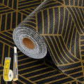 Shelf Liners for Kitchen Cabinets 23in x 20FT, Non Adhesive Cabinet Liner Strong Non-Slip Black Gold Geometric Drawer Liner, Easy to Clean for Shelf, Cabinet with Knife and Tape Measure