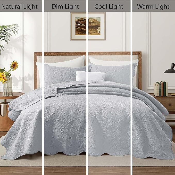 IR Imperial Rooms 8 Pack Quilt King Size Bedding (106" x 96") - Bulk Wholesale for Hotels, Guest Bedroom & Airbnbs - Lightweight Microfiber Reversible Floral Embossed Quilts Bedspreads (Silver)