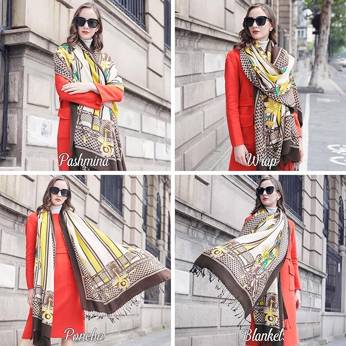 DANA XU 100% Merino Wool Extra Large Pashmina Blanket Travel Scarf Cashmere Wrap for Women Fall Winter Oversize Shawl Floral