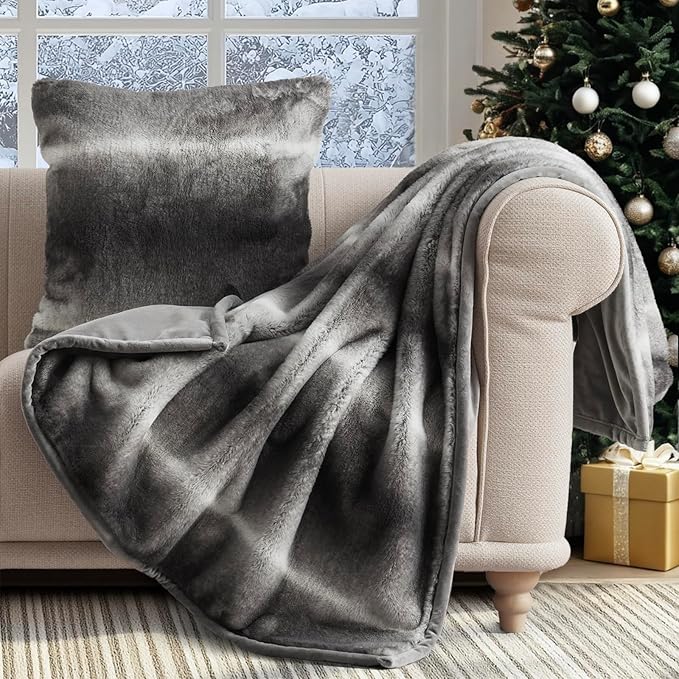 EVERGRACEHOME Ultra Soft Luxury Fluffy Mink Faux Fur Throw Blanket, Thick Warm Fall Winter Blankets for Bed, Couch, Cozy Plush Reversible Blanket for Chair, Sofa (Ombré Silver Onyx, 50"x60")