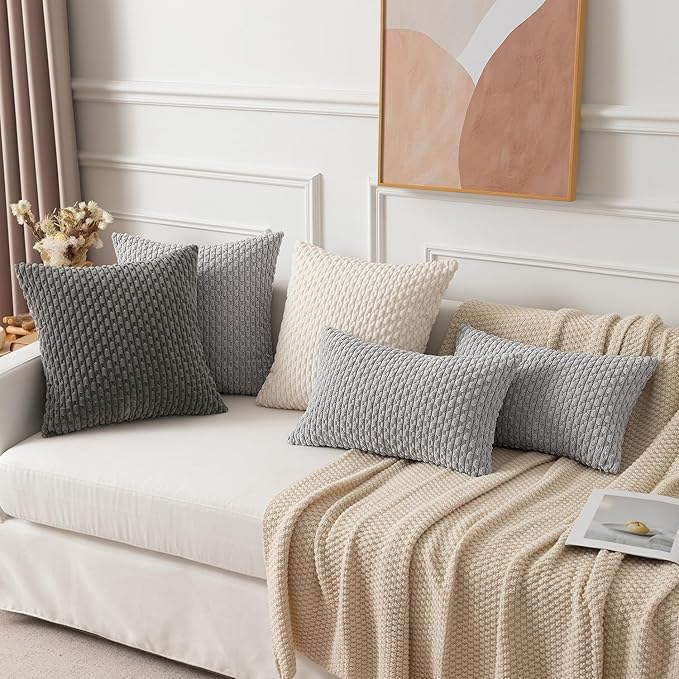 Kevin Textile 12x24 Inch Pillow Cover 1 Pack Boho Decorative Soft Striped Corduroy Lumbar Farmhouse Solid Color Accent Rectangle Cushion Case for Living Room Couch Sofa Bed, Light Grey
