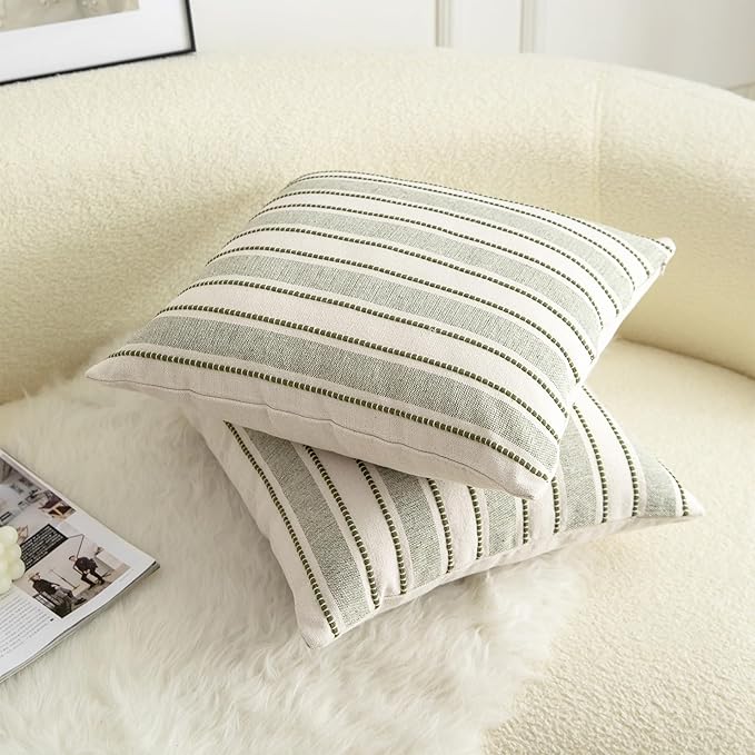 Decorative Boho Throw Pillow Covers, Farmhouse Textured Pillow Case, 18 x 18 Inch Set of 2, Chair Sofa Bedroom Living Room Home Decor Couch Cushion Case, Olive Green and Beige Striped