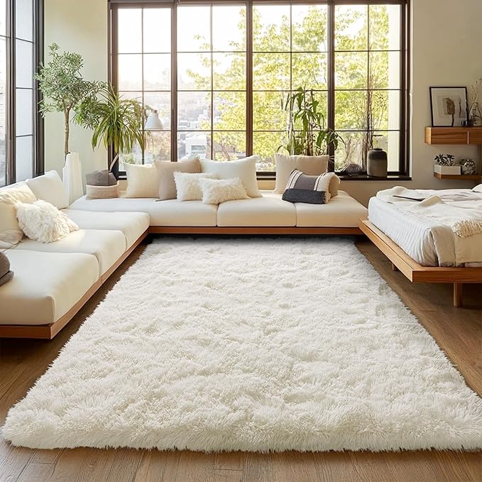 Cream White Plush Rug for Living Room Fuzzy Carpet for Bedroom Dorm, Non-Slip High Pile Rug, Shag Rug for Playroom Nursery Home Office Decor 10x14Ft