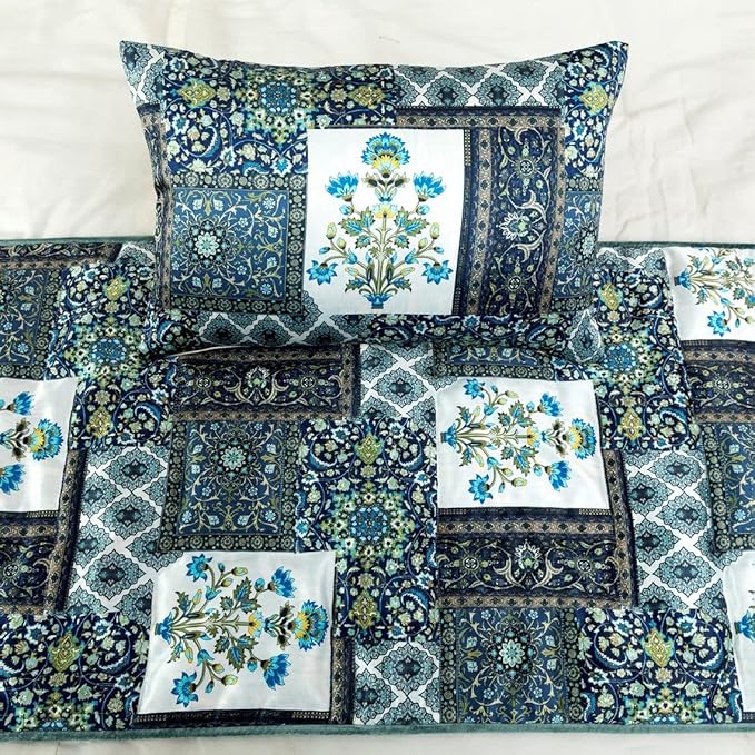 The HomeCentric King/Queen/Twin Blue Designer CA King 86"x18" Bed Runner with Pillow Cover, Perrsian Pattern & Quilted Bed Scarf on Satin Fabric - Bahar