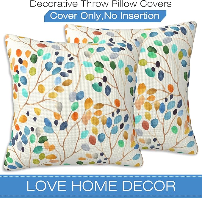 Throw Pillow Covers Colorful Leaves Spots Pillow Covers 18x18 Inch Set of 2 Boho Floral Throw Pillows Decorative Pillow Cases Cushion Covers for Bedroom Livingroom Sofa Farm House