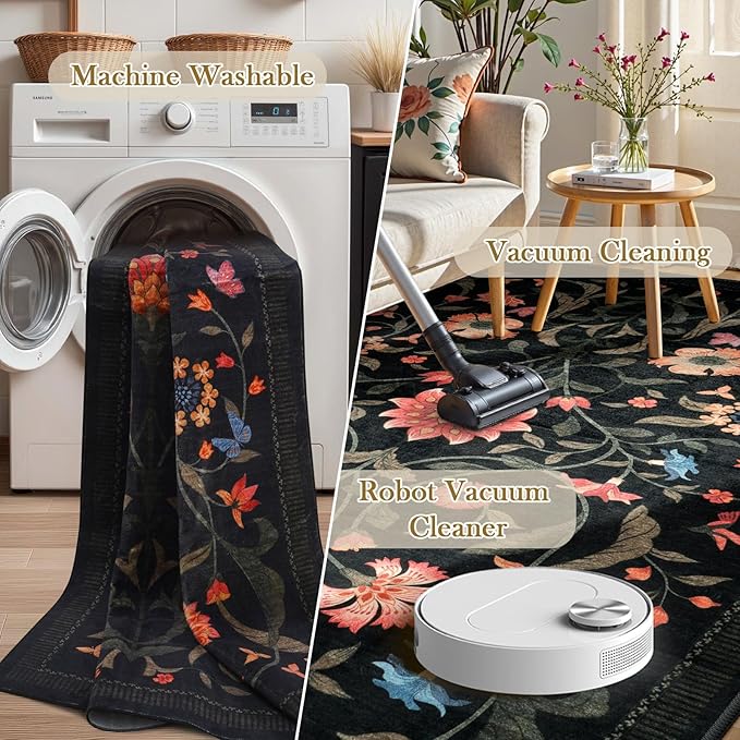 LIVEBOX Washable Runner Rug - Boho Floral 2x6 Kitchen Rug, Non-Slip Carpet Runners for Hallway 6ft, Soft Low-Pile Runner Rugs for Entryway Hallways Laundry Room Bedroom Farmhouse (2x6 ft, Black)